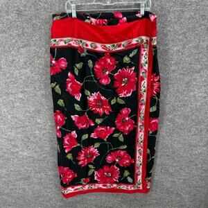 Erena Skirt Women 1X Plus Black Floral A-Line Midi Mid Rise Pull On Casual